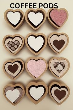 coffee pods are arranged in the shape of heart shapes with text overlay that says coffee pods