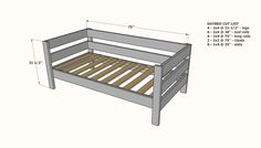 a bed frame with measurements for the bottom and bottom bunk area on top of it