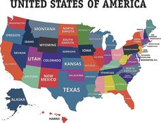 the united states of america is shown in colorful colors and has many names on it