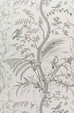 a wallpaper with birds and plants on it's side, in grey tones