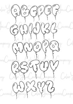 the letters and numbers are drawn in black ink with balloons attached to each letter,