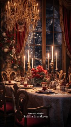 a dining room table with candles and flowers on it in front of a large window