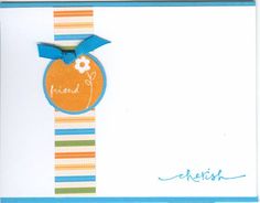 an orange and blue card with the word friend written in cursive writing on it