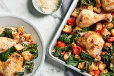 chicken and spinach casserole with parmesan cheese on the side next to it