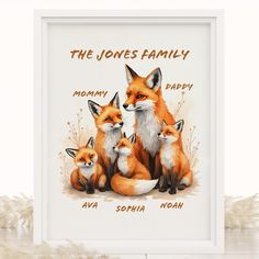 the jones family - personalized framed art print with two baby foxes and an adult fox