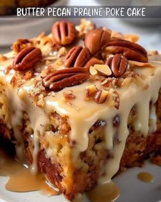 a slice of pecan pralie poke cake on a plate