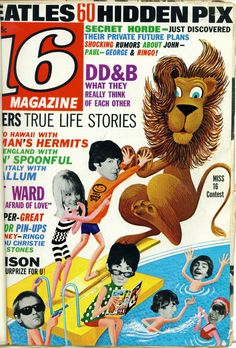 an old magazine cover with children in the pool and lion on it's back