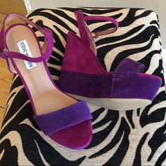 Nwot Steve Madden Purple & Pink, Suede, Platform Sandals. Never Worn. Sz 8.5 Purple Round Toe Heels For Summer, Purple Platform Sandals With Ankle Strap, Purple Wedge Heel Sandals For Party, Purple Open Heel Heels With Removable Insole, Purple Platform Sandals With Round Toe, Purple High Heel Wedge Sandals For Spring, Purple Round Toe Wedge Sandals For Spring, Purple Sandals With Heel Strap And Round Toe, Purple Sandals With Heel And Ankle Straps