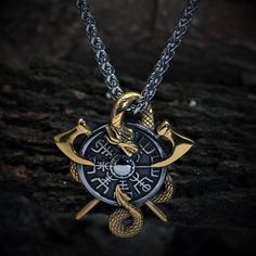 Delve into the depths of Norse prophecy with the Jormungandr & Helm of Awe Pendant Necklace. This artwork captures Jormungandr alongside the mystical Helm of Awe, symbols of cosmic power and protection. Inspired by the tale of Ragnarök, this Viking Necklace weaves the threads of ancient legend into a modern talisman. Chain Length: 60cmPendant height: 4.5cm Premium 316L stainless steel Lifetime warranty Worldwide Shipping Gold Viking Style Jewelry, Gold Viking Style Necklace For Gift, Bronze Viking Jewelry Collectible, Viking Style Bronze Jewelry Gift, Viking Style Metal Pendant Jewelry, Bronze Viking Jewelry For Ceremonial Occasions, Viking Style Engraved Jewelry For Collectors, Viking Style Engraved Jewelry Collectible, Viking Style Engraved Metal Necklaces