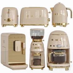 an assortment of coffee makers and toasters with gold trimmings on white background