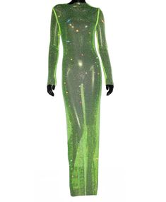 Neon green rhinestone embellished see-through maxi dress. This dress is one size. Size Bust: 29”-38” Hip: 35”-38” Length: 58” Green Sheer Maxi Dress, Green Sheer Maxi Length Dress, Glamorous Embellished Green Maxi Dress, Glamorous Green Spring Maxi Dress, Glamorous Green Rhinestone Dress, Green Sheer Fitted Maxi Dress, Fitted Green Sheer Maxi Dress, Green Sheer Dress For Party, Green Sheer Party Dress