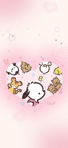 a pink background with various cartoon animals on it's side and hearts in the middle