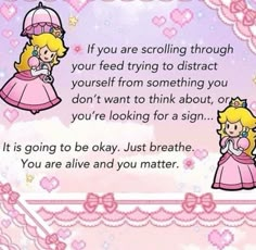 a pink card with two princesses and the words, if you are scrolling through your feed trying to distract yourself from something you don't want to think about