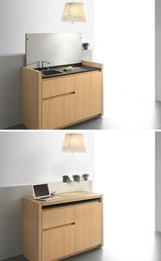 three different views of a sink and mirror in a room with light colored wood cabinets