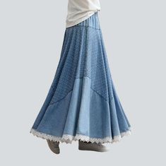 Introducing the 2023 Spring-Summer Collection's lace hem embroidered denim skirt ââ‚?the perfect embodiment of street vibe and fierce femininity!Why You'll Love ItThis skirt is sure to take your look to the next level! Its fit type and flare silhouette and high-waisted waist band offer a flattering fit and the lace hem adds a unique touch of sophistication that will make you stand out from the crowd. The intricate embroidery is a great way to show off your trend while the rubber closure ensures Embroidered Denim Skirt, Y2k Denim Skirt, Denim Skirts Online, Womens Denim Skirts, Classic Skirts, Denim Chic, Intricate Embroidery, Lace Hem, Embroidered Denim