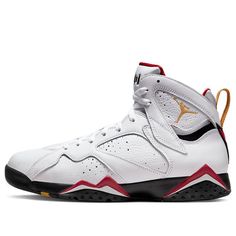 The Air Jordan 7 Retro 'Cardinal' 2022 is a stylish sneaker for adults. It features a white leather upper with perforations and accents in cardinal red and black. The design is complete with a golden Jumpman logo and heel tab. The inspiration behind the design is the traditional bishop's robes, with the cardinal red and chutney colors representing the colors of the robes. The rubber sole provides comfort and durability, making it perfect for everyday use. This sneaker is a must-have for any Air Jordan fan. (AJ7/SNKR/Men's/High Top/Basketball/Wear-resistant) Jumpman Logo, Jordan 7, Mens High Tops, Stylish Sneakers, Chutney, Cardinals, Red And Black, High Top, White Leather