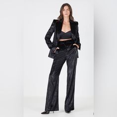 Brand New Set Signature Collection, Pants And Jacket Is Size 42 Is Crafted From Smooth Velvet With Lurex For A Bit Of Sparkle. Expertly Crafted In Italy, Its Luxe Design Features Impeccable Tailored Detailing Like A Peak Lapel, Single Button Closure And Welt Pockets. Luxury Long Sleeve Fall Pantsuit, Glamorous Tailored Blazer For Workwear, Luxury Long Sleeve Pantsuit For Fall, Glamorous Notch Lapel Blazer For Workwear, Glamorous Tailored Outerwear With Notch Lapel, Chic Notch Lapel Outerwear For Party, Winter Formal Pantsuit, Luxury Outerwear With Lapel Collar For Night Out, Chic Formal Pantsuit For Winter