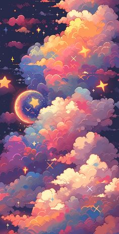 the sky is filled with clouds and stars, as if they were floating in the air