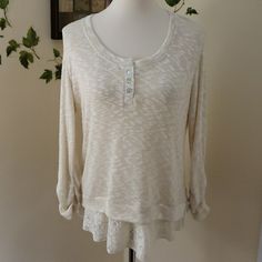 Long Rouched Sleeve Sweater With Lace Trim. 3 Buttons At Front Neckline. Nwot. 53 Poly, 45 Rayon, 2 Spandex Pit To Pit 21" Length 26" Fall Lace Trim Top For Day Out, Beige Lace Trim Top For Day Out, Casual Lace Trim Tops For Fall, Neutral Long Sleeve Tops For Brunch, Neutral Tops For Fall Brunch, Cream Stretch Top For Brunch, Stretch Cream Top For Brunch, Beige Lace Trim Tops For Fall, Casual Beige Blouse For Layering