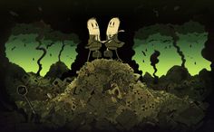 two cartoon characters sitting on top of a pile of rubble in front of a green and black background