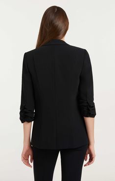 Look polished and professional in this Crepe Khloe Blazer. This expertly tailored piece features a collared neckline, notched lapels, and stylized sleeves for a look that is modernly classic. The classic black color will have you standing out with sophisticated style. Make a powerful statement with this must-have blazer. Details One button closureFabric: Drapey CrepeFaux front pocketsBack ventThree-quarter sleeves Content and Care 69% Triacetate 31% PolyesterDry Clean Only Imported Measurements Blazer Details, Crepe Blazer, Short Loungewear, Look Polished, Cinq A Sept, Womens Blazers, Mens Fall, Pant Shirt, Ladies Boutique