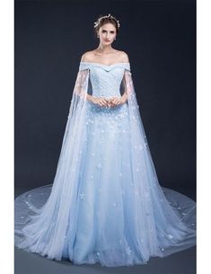 Blue Floral Off the Shoulder Long Tulle Wedding Dress #CH0087 $197 - GemGrace.com Sky Blue Prom Dress, Princess Evening Dress, Blue Wedding Dress, African Prom Dresses, Light Sky Blue, Ball Gowns Evening, Beauty Dress, A Line Prom Dresses, Tulle Prom Dress