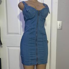 Jean Dress Stretchy Nwt Size Large Any Questions Lmk Blue Sleeveless Denim Dress For Night Out, Blue Sleeveless Denim Dress For Date Night, Sleeveless Blue Denim Dress For Date Night, Blue Knee-length Mini Dress With Back Zipper, Blue Denim Mini Length Bodycon Dress, Medium Wash Mini Dress For Party, Sleeveless Medium Wash Mini Dress For Night Out, Denim Mini Dress For Night Out, Blue Fitted Mini Dress With Back Zipper