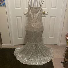 Nwot Beautiful Silver Sequined Sparkly Evening Gown. Has A Nude Lining. By F&P. Never Been Worn. Glamorous Floor-length Sparkling Sequin Fabric, Glamorous Champagne Sequin Dress For Evening, Glamorous Wedding Mermaid Dress With Sequins, Champagne Sequined Floor-length Mermaid Dress, Champagne Floor-length Sequined Mermaid Dress, Floor-length Sequin Dress For Night Out, Champagne Sparkling Sequin Floor-length Dress, Champagne Sequin Floor-length Dress, Floor-length Sequin Dress With Shimmer For Party Season