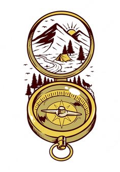 a compass with mountains in the background and trees on it, as well as an image of