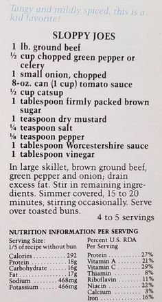 the recipe for sloppy joes is shown in black and white, with instructions on how to make it