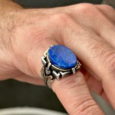 Silver Lapis Lazuli Signet Men's Ring , Men Lapis Lazuli Ring, Turkish Handmade Lapis Ring , Ottoman Style Ring , 925k Sterling Silver Ring ★Item Details * Gender : Male / Female * Material : 925K Sterling Silver * Total weight :  18 Grams * Gemstone :  Lapis Lazuli Stone ✔ Ready to Ship in 1-2 Business Days .. ✔ Shipped to the Worldwide 1-5 business days with free shipping... ✔ The product will be sent to you with a handmade wooden box to avoid any damage during shipping... ✔ Visit our store, browse other Men's jewelry, silver and gold collections, and find the perfect piece you're looking for... -All Countries 3 - 7 Days -All Products Are Sent With Tracking Number. ( TNT , UPS , PTT ) Click For Our Other Products  https://www.etsy.com/shop/MercansilverTR?ref=simple-shop-header-name&listi Lapis Ring Men, Stones Rings, Handmade Wooden Boxes, Ottoman Styling, Lapis Ring, Lapis Lazuli Ring, Blue Lapis Lazuli, Lapis Lazuli Stone, Ring Men