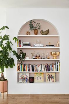 a white book shelf filled with books next to a potted plant