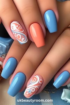 Fancy Nails Designs, Pretty Nail Art Designs, Blue Nail Designs, Dope Nail Designs, Blue Nail, Short Acrylic Nails Designs, Nail Designs Glitter, Dipped Nails, Orange Nails