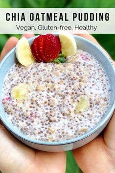 a person holding a bowl of chia oatmeal pudding