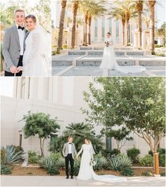 a bride and groom standing in front of a building