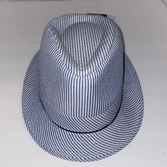 Pamoa Hat, Blue And White, Side L/Xl, Seersucker With Tags, Never Worn, Good Condition Casual Blue Fedora Hat, Casual Blue Fedora With Wide Brim, Casual Blue Wide Brim Fedora, Navy Cotton Hat For Spring, Casual Blue Fedora Sun Hat, Casual Blue Sun Hat For Spring, Striped Sun Hat With Short Brim For Spring, Spring Striped Sun Hat With Short Brim, Casual Adjustable Blue Fedora