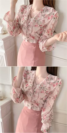 fiona Love Me Flower Chiffon Blouse | Floral for Women | KOODING Chiffon Office Tops For Spring, Chiffon Office Lady Top For Spring, Trendy Chiffon Blouse With Floral Print, Chiffon Tops For Spring In Office Lady Style, Spring Chiffon Top For Office Wear, Feminine Chiffon Blouse For Spring, Spring Pink Chiffon Blouse, Floral Blouse Outfit Work, Flower Shirt Outfit Floral Blouse