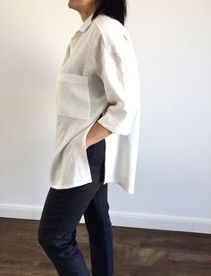 "Handmade 100% linen shirt. Made with love for You. *100% local medium weight linen *Each item is individually cut and sewn by order *The model is wearing size M, shirt color - White *Note that colors may look different on your display depending on their settings and technical characteristics. Please let us know if you need different measurements or colors. CARE *Machine wash up to 40 / 104F gentle cycle *Iron inside out at medium high *Do not bleach *Do not tumble dry MAKING TIME / SHIPPING: * Summer Blouse With Pockets And 3/4 Sleeves, Spring Linen Shirt With Rolled Sleeves, Chic Linen Blouse With Pockets, Chic Linen Shirt With Pockets, Chic Linen Fall Shirt, Everyday Long Sleeve Blouse With Rolled Sleeves, Spring Long Sleeve Ramie Tops, Relaxed Linen Shirt For Work, Collared Linen Blouse For Fall