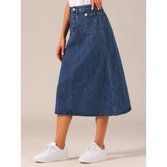 The basic design creates a casual yet stylish look, a must-have in any woman's wardrobe. This jean skirt features a classic denim fabric with a drape. The flap pockets add a trendy and functional element to the skirt, providing extra storage space. Pair it with a fitted blouse and heels for a chic and sophisticated look, or go for a more casual vibe by pairing them with a graphic tee. Relaxed Fit Denim Skirt With Pockets, Fall Denim Skirt With Pockets, Straight Leg, Denim Skirt With Pockets For Fall, High Waist Denim Skirt With Pockets And Relaxed Fit, Medium Wash Denim Skirt With Pockets, Relaxed Fit Medium Wash Denim Skirt With Pockets, Medium Wash Relaxed Fit Denim Skirt With Pockets, Dark Wash High-waisted Skirt With Pockets, High Waist Dark Wash Skirt With Pockets