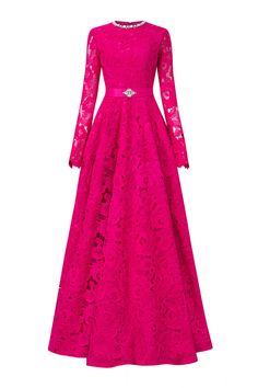 Elegance meets sophistication in this dress. The exquisite lace and crystal embellishments on the neckline and belt add a touch of glamour. With a full ball gown silhouette, this floor length dress is perfect for any formal occasion. *Note: The length is measured from the shoulder to the shortest of the front. Pink Lace Evening Dress For Banquet, Pink Lace Long Sleeve Evening Dress, Pink Long Sleeve Lace Evening Dress, Long Sleeve Pink Lace Evening Dress, Elegant Rose Red Evening Dress, Pink Lace Floor-length Evening Dress, Pink Lace Dress With Fitted Bodice, Pink Lace Dress With Fitted Bodice For Wedding, Pink Lace Dress With Lace Sleeves For Wedding