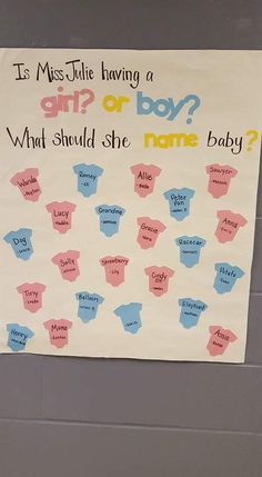 a child's name is written on the back of a bulletin board with baby clothes