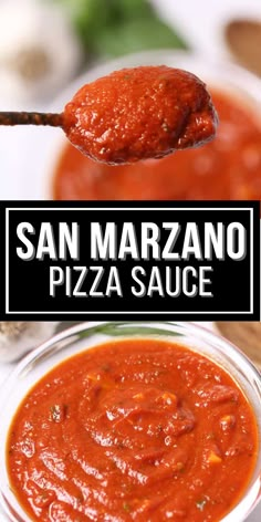 a spoon full of pizza sauce with the words san marzano on it in black and white