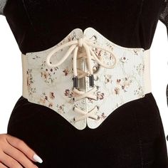 Brand New Faux Leather Lace-Up Corset Belt With A Stretchy Elastic Waistband And A 3-Snap Button Closure. Truly Gorgeous Belt! 7" At The Widest Point Stretch: A: 25"-37" B: 29"-44" C: 32"-54" Vintage Corset Belt For Spring, Elegant White Corset Belt For Spring, White Corset Belt, Bsd Character Design, Lace Corset Belt, Underbust Corset Belt, Rapunzel Costume, Lace Belt, Flower Stone