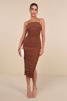 You know your night is off to a fun start when you slip into the Lulus Flirty Instinct Brown Mesh Ruched Lace-Up Bodycon Midi Dress! Stretchy mesh, atop a matching knit liner, shapes this dress that has a straight neckline and a fitted bodice. Flattering ruching accents the figure-hugging silhouette before ending at a midi hem with a flirty side slit. Long, slender spaghetti straps lace-up across the open back for a sultry finish! Hidden back zipper/clasp. Fit: This garment fits true to size. Le Brown Mesh Dress, All White Party Dresses, Anniversary Dress, Casual Formal Dresses, Hugging Silhouette, Cute Dress Outfits, Adhesive Bra, Casual Wedding Dress, Bodycon Midi Dress