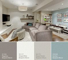 a living room filled with furniture and lots of paint samples in shades of blue, grey, and white