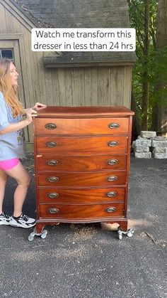 a girl is standing next to an old dresser with the words watch me transform this dresser in less than 24 hrs