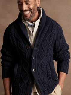 Anchored to luxury, this sumptuous cardigan is crafted from soft, organic cotton using a mix of chunky cable-knit and ribbed stitches.  Every cable is inspired by nautical ropes, great for layering throughout the season, especially when the sea is ca Mens Cable Knit Cardigan, Aran Stitches, Mens Shawl Collar Sweater, Mountain Man Clothing, Mens Shawl Collar Cardigan, Mens Cable Knit Sweater, Mens Knitted Cardigan, Sweater Outfits Men, Men Cardigan