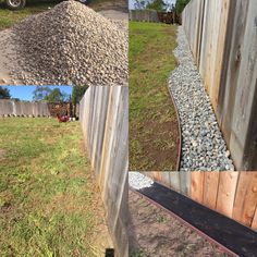 there are pictures of different types of rocks in the yard and on the side of the fence