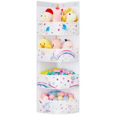 three shelves with stuffed animals and toys in them on white wall mounted organizer rack for children's playrooms