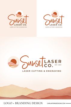 the logo for sunset laser co is shown in three different colors and font options, including orange